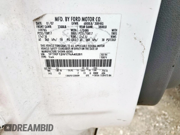 2007 Ford F-150 XL with VIN 1FTRF12W17NA45281, listed as a Copart auction lot 57342005 with 165,058 mi miles and Salvage title. Bid and sale history available at DreamBid. Image 12.