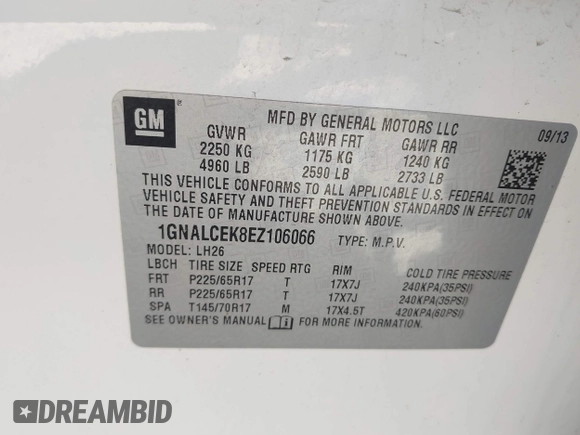 2014 Chevrolet Equinox LT with VIN 1GNALCEK8EZ106066, listed as a IAAI auction lot 41771861 with 149,572 mi miles. Bid and sale history available at carsss.com. Image 9.