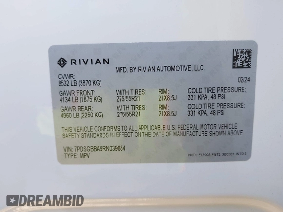 2024 Rivian R1S Adventure with VIN 7PDSGBBA9RN039684, listed as a IAAI auction lot 41558846 with 13,725 mi miles. Bid and sale history available at carsss.com. Image 9.
