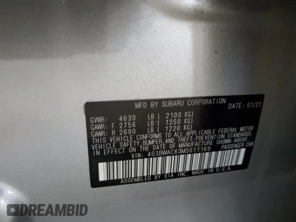 2021 Subaru Legacy Premium with VIN 4S3BWAC63M3011169, listed as a Copart auction lot 60262435 with 17,639 mi miles and Salvage title. Bid and sale history available at DreamBid. Image 13.