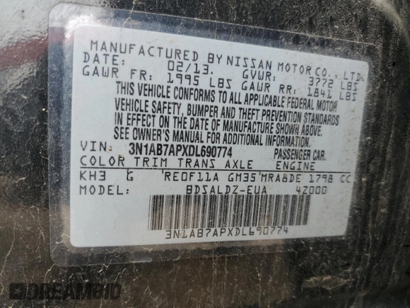 2013 Nissan Sentra S with VIN 3N1AB7APXDL690774, listed as a Copart auction lot 54633645 with 83,364 mi miles and Clean Title. Bid and sale history available at DreamBid. Image 12.