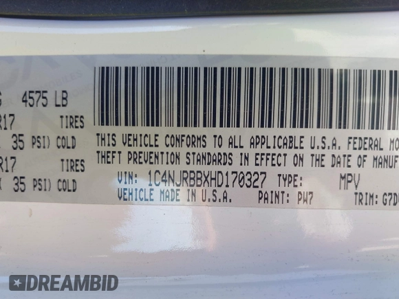 2017 Jeep Patriot 75th Anniversary with VIN 1C4NJRBBXHD170327, listed as a IAAI auction lot 41399495 with Not Provided miles and . Bid and sale history available at carsss.com. Image 9.