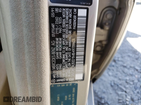 1991 Mercedes-Benz 300 with VIN WDBEA30D1MB497396, listed as a Copart auction lot 55834195 with 179,323 mi miles and Salvage Title. Bid and sale history available at carsss.com. Image 12.
