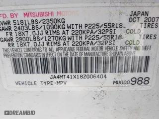 2008 Mitsubishi Outlander XLS with VIN JA4MT41X18Z006404, listed as a IAAI auction lot 42107656 with 131,571 mi miles. Bid and sale history available at carsss.com. Image 9.