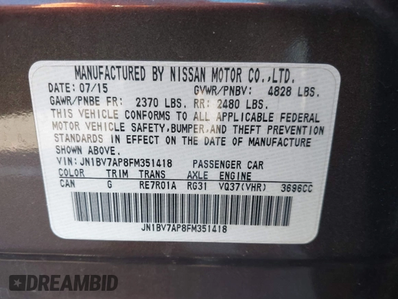 2015 Infiniti Q50 Premium with VIN JN1BV7AP8FM351418, listed as a IAAI auction lot 41488091 with 151,421 mi miles. Bid and sale history available at carsss.com. Image 9.