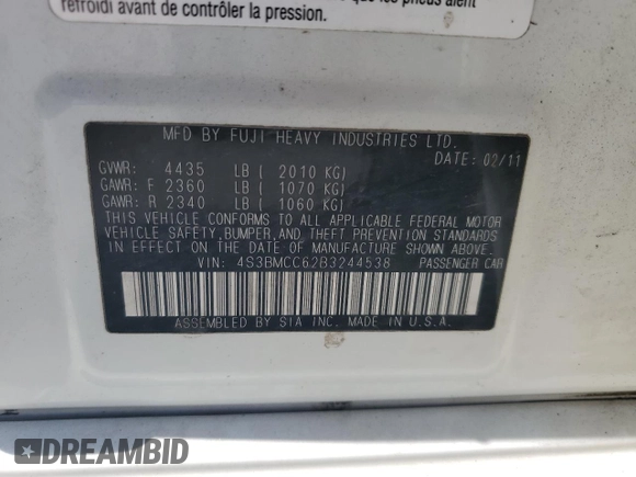 2011 Subaru Legacy Premium with VIN 4S3BMCC62B3244538, listed as a Copart auction lot 52203435 with 121,495 mi miles and Salvage title. Bid and sale history available at DreamBid. Image 12.