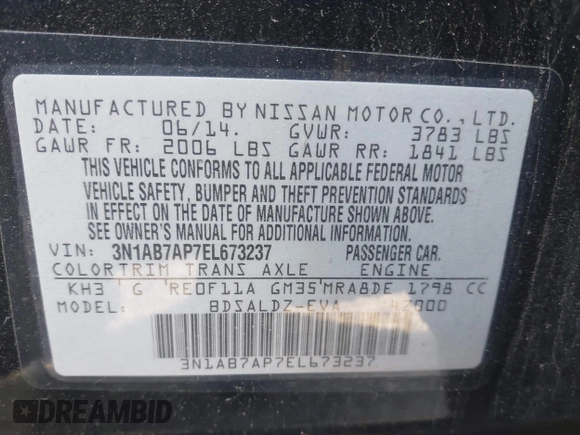 2014 Nissan Sentra SV with VIN 3N1AB7AP7EL673237, listed as a IAAI auction lot 42112309 with 161,705 mi miles and . Bid and sale history available at DreamBid. Image 9.