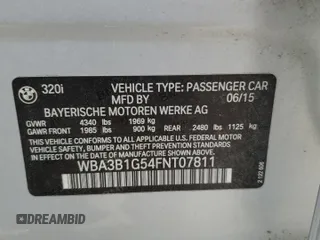 2015 BMW 3 Series 320i с VIN WBA3B1G54FNT07811, выставлен на аукционе Copart как лот 56742425 с пробегом 86 871 миль миль и Списание • Salvage title. История ставок и продаж доступна на DreamBid. Изображение 12.