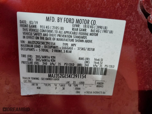2019 Ford EcoSport SE with VIN MAJ3S2GE5KC291154, listed as a Copart auction lot 47450285 with 59,815 mi miles and Salvage Title. Bid and sale history available at carsss.com. Image 13.