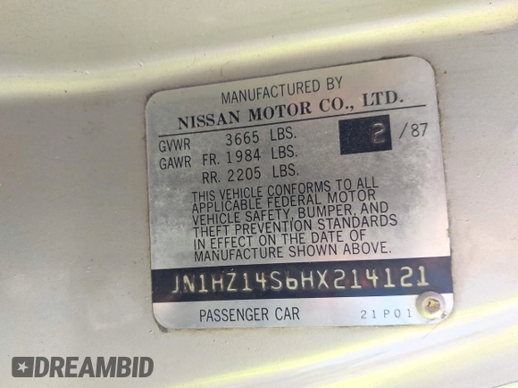 1987 Nissan 300ZX z VIN JN1HZ14S6HX214121, wystawiony jako IAAI lot #42204712 z przebiegiem 218 637 mil mil oraz . Historia ofert i sprzedaży dostępna na DreamBid. Obrazek 9.