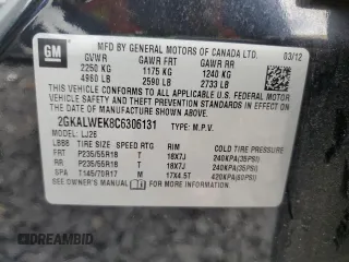 2012 GMC Terrain SLT-2 with VIN 2GKALWEK8C6306131, listed as a Copart auction lot 60865125 with 139,375 mi miles and Salvage title. Bid and sale history available at DreamBid. Image 13.