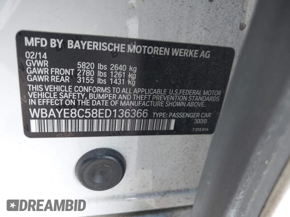 2014 BMW 7 Series ALPINA B7 with VIN WBAYE8C58ED136366, listed as a IAAI auction lot 41721814 with 142,295 mi miles and . Bid and sale history available at DreamBid. Image 9.