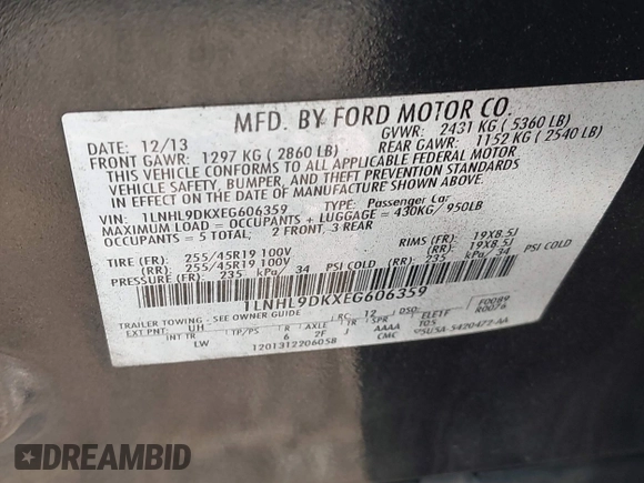 2014 Lincoln MKS with VIN 1LNHL9DKXEG606359, listed as a IAAI auction lot 41341206 with 286,687 mi miles and . Bid and sale history available at DreamBid. Image 9.