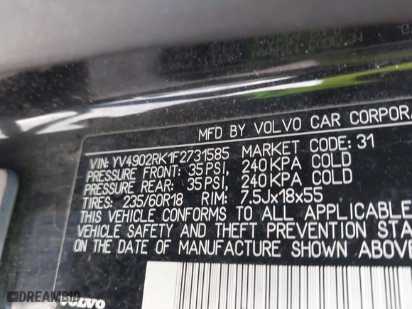 2015 Volvo XC60 T6 with VIN YV4902RK1F2731585, listed as a IAAI auction lot 41669105 with NaN miles. Bid and sale history available at carsss.com. Image 9.
