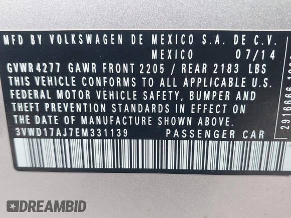 2014 Volkswagen Jetta SE with VIN 3VWD17AJ7EM331139, listed as a IAAI auction lot 41813500 with 110,233 mi miles and . Bid and sale history available at DreamBid. Image 9.