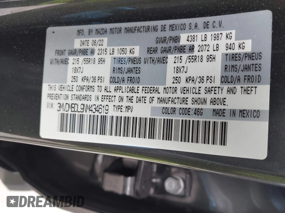 2022 Mazda CX-30 S Premium with VIN 3MVDMBDL9NM434619, listed as a IAAI auction lot 41620655 with 46,557 mi miles and . Bid and sale history available at carsss.com. Image 9.