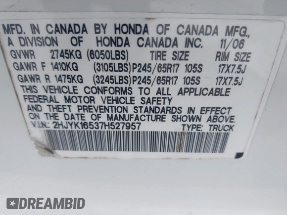 2007 Honda Ridgeline RTL z VIN 2HJYK16537H527957, wystawiony jako IAAI lot #42098143 z przebiegiem 233 163 mil mil oraz . Historia ofert i sprzedaży dostępna na DreamBid. Obrazek 9.
