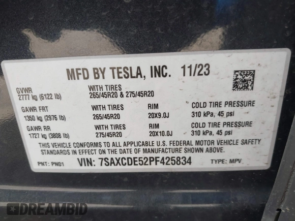 2023 Tesla Model X with VIN 7SAXCDE52PF425834, listed as a IAAI auction lot 41996298 with Not Provided miles and . Bid and sale history available at DreamBid. Image 9.