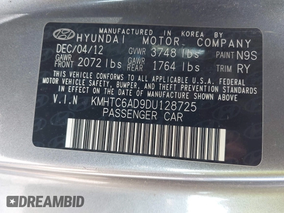 2013 Hyundai Veloster w/Gray Int with VIN KMHTC6AD9DU128725, listed as a IAAI auction lot 42648356 with 168,109 mi miles and . Bid and sale history available at DreamBid. Image 9.