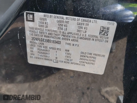 2014 Chevrolet Equinox LT with VIN 2GNFLGE39E6183403, listed as a IAAI auction lot 41587763 with 141,957 mi miles. Bid and sale history available at carsss.com. Image 9.