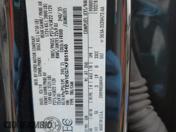 2019 Ford F-150 Limited with VIN 1FTEW1EG7KFB51840, listed as a Copart auction lot 44826385 with 141,289 mi miles and Salvage Title. Bid and sale history available at carsss.com. Image 15.