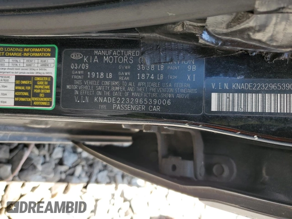 2009 Kia Rio LX with VIN KNADE223296539006, listed as a Copart auction lot 69229394 with 227,766 mi miles and Salvage Title. Bid and sale history available at DreamBid. Image 13.