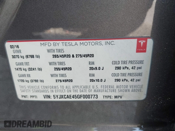 2016 Tesla Model X P90D with VIN 5YJXCAE45GF000773, listed as a IAAI auction lot 42052642 with 127,670 mi miles. Bid and sale history available at carsss.com. Image 9.