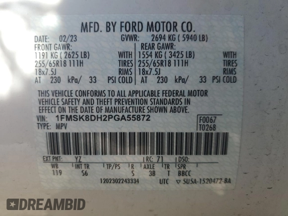 2023 Ford Explorer XLT z VIN 1FMSK8DH2PGA55872, wystawiony jako Copart lot #55814285 z przebiegiem 43 091 mil mil oraz Szkoda całkowita • Salvage title. Historia ofert i sprzedaży dostępna na DreamBid. Obrazek 13.