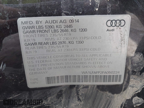 2015 Audi Q5 Premium Plus with VIN WA1LFAFP2FA050224, listed as a IAAI auction lot 41850904 with Not provided miles and . Bid and sale history available at DreamBid. Image 9.