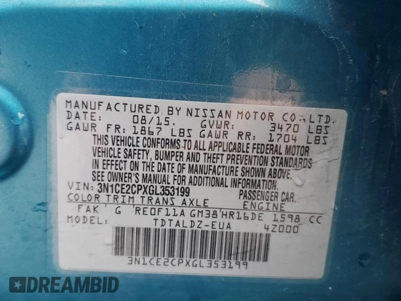 2016 Nissan Note S with VIN 3N1CE2CPXGL353199, listed as a Copart auction lot 54690375 with 134,612 mi miles and Salvage Title. Bid and sale history available at DreamBid. Image 12.