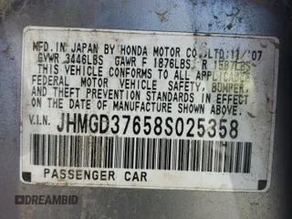 2008 Honda Fit Sport with VIN JHMGD37658S025358, listed as a Copart auction lot 51321675 with 225,596 mi miles and Salvage Title. Bid and sale history available at carsss.com. Image 12.