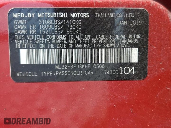 2019 Mitsubishi Mirage ES z VIN ML32F3FJ3KHF10586, wystawiony jako Copart lot #57553515 z przebiegiem 90 408 mil mil oraz Nie do naprawy • Non repairable. Historia ofert i sprzedaży dostępna na DreamBid. Obrazek 12.