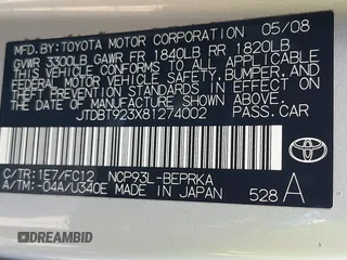2008 Toyota Yaris with VIN JTDBT923X81274002, listed as a IAAI auction lot 42588680 with 357,704 mi miles and . Bid and sale history available at DreamBid. Image 9.