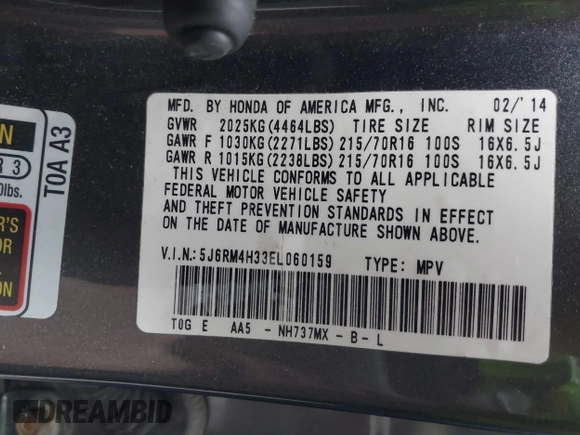 2014 Honda CR-V LX with VIN 5J6RM4H33EL060159, listed as a IAAI auction lot 41810819 with 189,379 mi miles. Bid and sale history available at carsss.com. Image 9.
