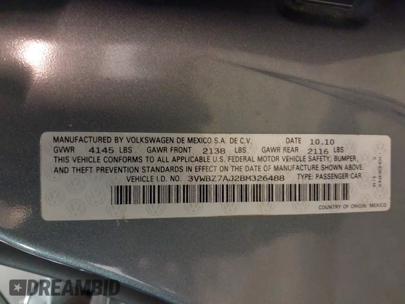 2011 Volkswagen Jetta SE с VIN 3VWBZ7AJ2BM326488, выставлен на аукционе IAAI как лот 41440467 с пробегом 179 888 миль миль и . История ставок и продаж доступна на DreamBid. Изображение 9.