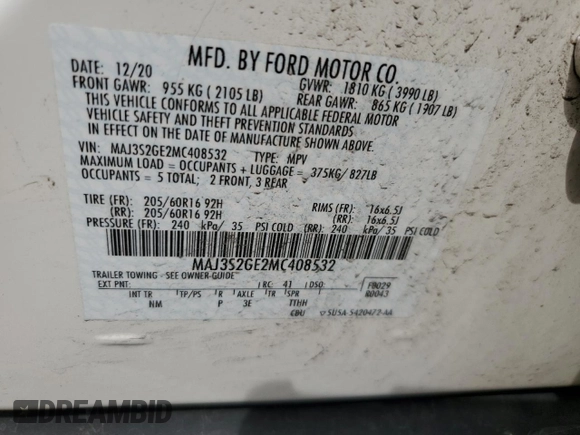 2021 Ford EcoSport SE с VIN MAJ3S2GE2MC408532, выставлен на аукционе Copart как лот 56988395 с пробегом 48 869 миль миль и Списание • Salvage title. История ставок и продаж доступна на DreamBid. Изображение 13.