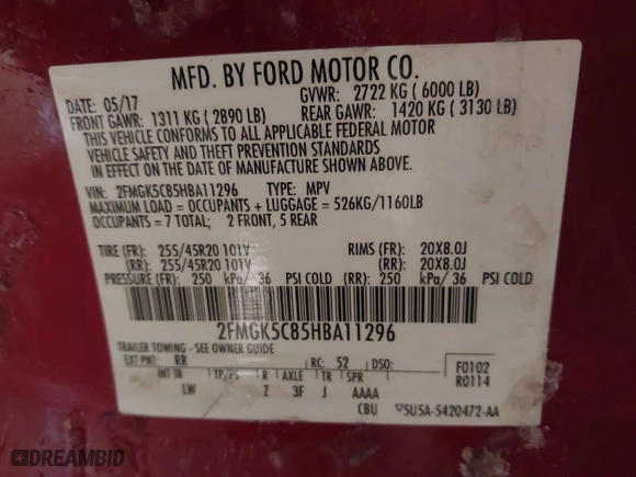 2017 Ford Flex SEL with VIN 2FMGK5C85HBA11296, listed as a IAAI auction lot 41328363 with 104,627 mi miles. Bid and sale history available at carsss.com. Image 9.