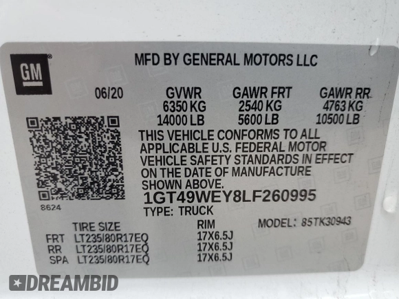 2020 GMC Sierra 3500HD Denali z VIN 1GT49WEY8LF260995, wystawiony jako Copart lot #43820675 z przebiegiem 100 106 mil mil oraz Szkoda całkowita • Salvage title. Historia ofert i sprzedaży dostępna na DreamBid. Obrazek 12.