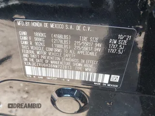 2022 Honda HR-V LX with VIN 3CZRU6H36NM722813, listed as a IAAI auction lot 41900034 with 35,349 mi miles and . Bid and sale history available at DreamBid. Image 9.