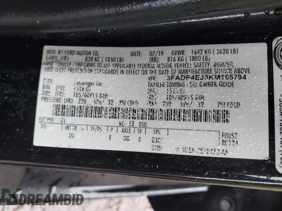 2019 Ford Fiesta SE with VIN 3FADP4EJ3KM165794, listed as a IAAI auction lot 41336199 with 80,653 mi miles. Bid and sale history available at carsss.com. Image 9.