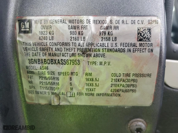 2010 Chevrolet HHR LT w/1LT with VIN 3GNBABDBXAS587953, listed as a Copart auction lot 48161225 with 134480 miles and Salvage Title. Bid and sale history available at carsss.com. Image 12.