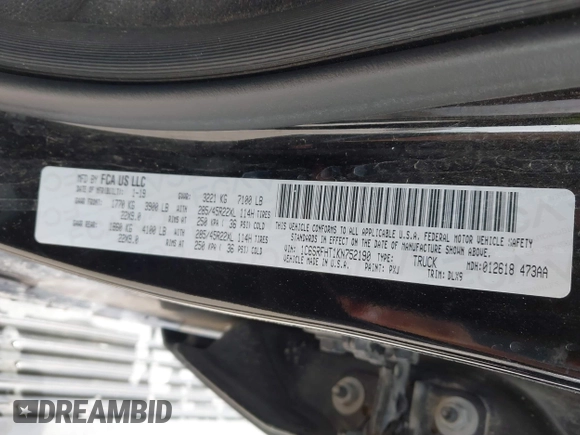 2019 Ram 1500 Limited z VIN 1C6SRFHT1KN752190, wystawiony jako IAAI lot #42015675 z przebiegiem 92 479 mil mil oraz . Historia ofert i sprzedaży dostępna na DreamBid. Obrazek 9.