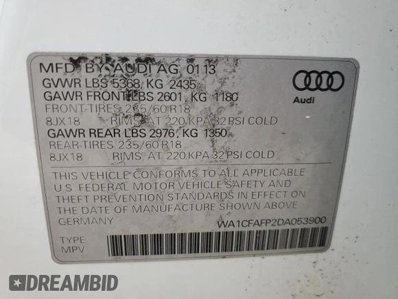 2013 Audi Q5 Premium with VIN WA1CFAFP2DA053900, listed as a Copart auction lot 49457465 with 99,417 mi miles and Salvage Title. Bid and sale history available at carsss.com. Image 13.