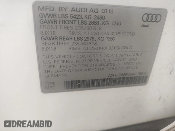2016 Audi Q5 Premium Plus with VIN WA1L2AFP5GA116522, listed as a Copart auction lot 63049755 with 102,337 mi miles and Clean title. Bid and sale history available at DreamBid. Image 10.