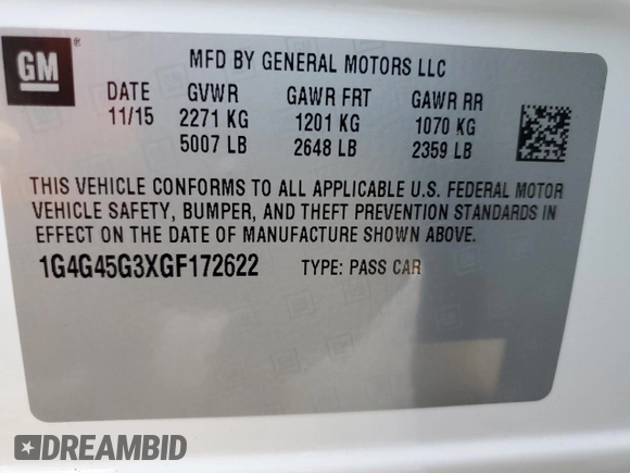 2016 Buick LaCrosse Sport Touring with VIN 1G4G45G3XGF172622, listed as a Copart auction lot 57595255 with 63,893 mi miles and Salvage title. Bid and sale history available at DreamBid. Image 13.