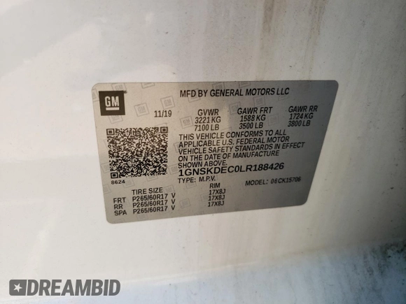 2020 Chevrolet Tahoe Commercial with VIN 1GNSKDEC0LR188426, listed as a Copart auction lot 60439895 with 137,112 mi miles and Clean title. Bid and sale history available at DreamBid. Image 13.