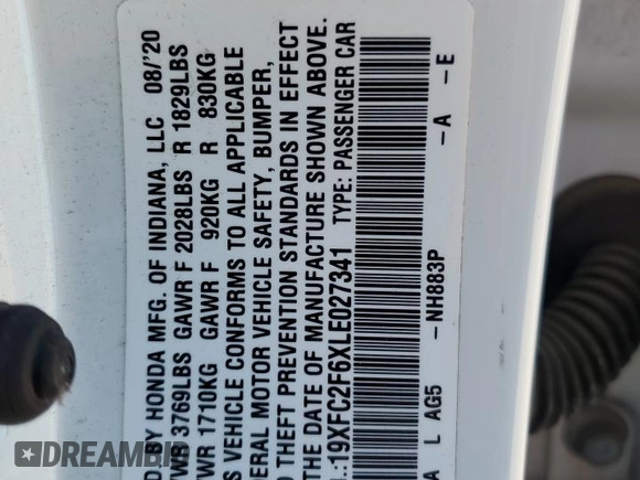 2020 Honda Civic LX z VIN 19XFC2F6XLE027341, wystawiony jako Copart lot #51905915 z przebiegiem 28 600 mil mil oraz Szkoda całkowita • Salvage title. Historia ofert i sprzedaży dostępna na DreamBid. Obrazek 13.