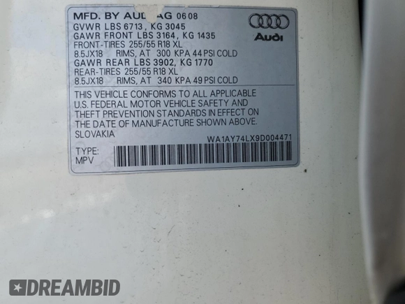 2009 Audi Q7 with VIN WA1AY74LX9D004471, listed as a Copart auction lot 82688704 with 146,870 mi miles and Salvage Title. Bid and sale history available at carsss.com. Image 13.