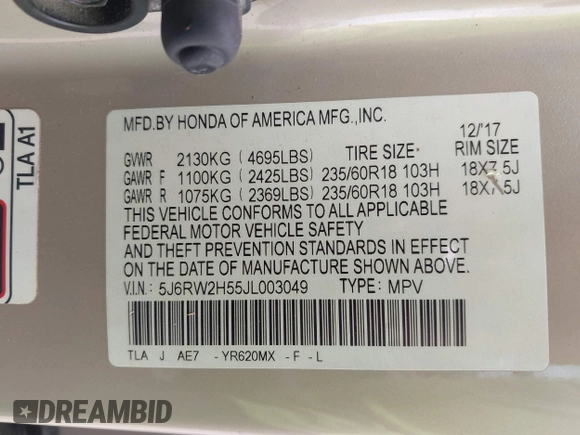 2018 Honda CR-V EX with VIN 5J6RW2H55JL003049, listed as a IAAI auction lot 41936542 with 79,057 mi miles and . Bid and sale history available at DreamBid. Image 9.