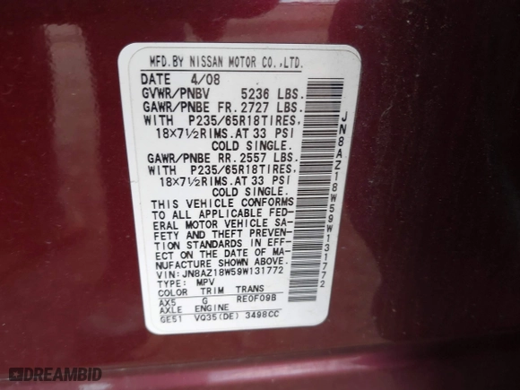 2009 Nissan Murano SL with VIN JN8AZ18W59W131772, listed as a IAAI auction lot 42062662 with 87,189 mi miles. Bid and sale history available at carsss.com. Image 9.